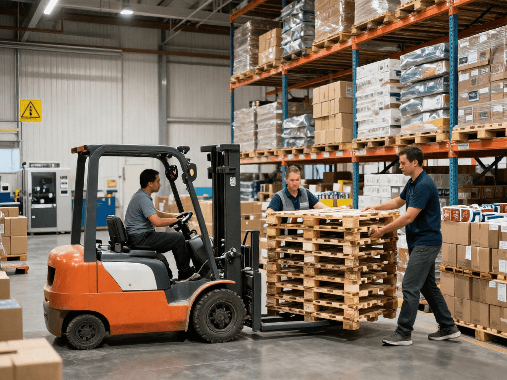 Pallets movers efficiently handling warehouse logistics, showcasing teamwork and safety.