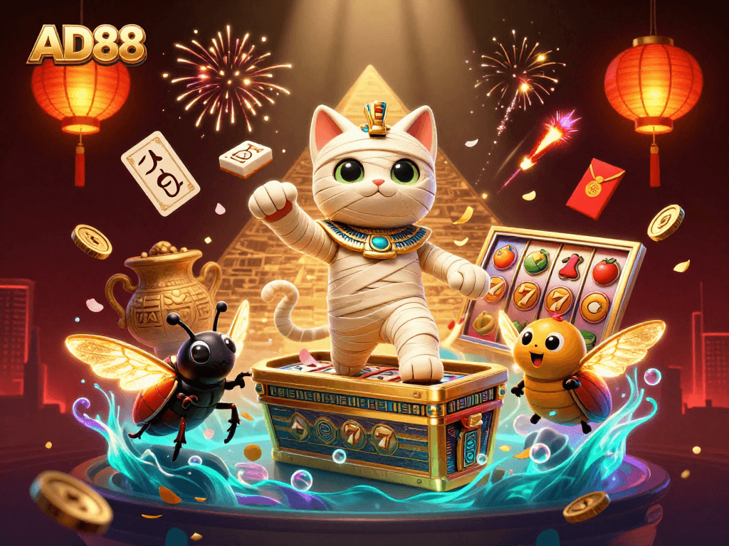 Experience the thrill of AD88 with a vibrant cartoon illustration of a mummy cat and casino elements.