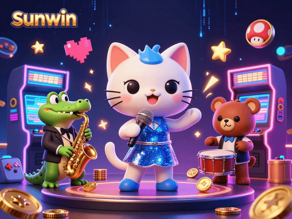 Play and win with sunwin in a vibrant 3D casino scene featuring animated characters and games.