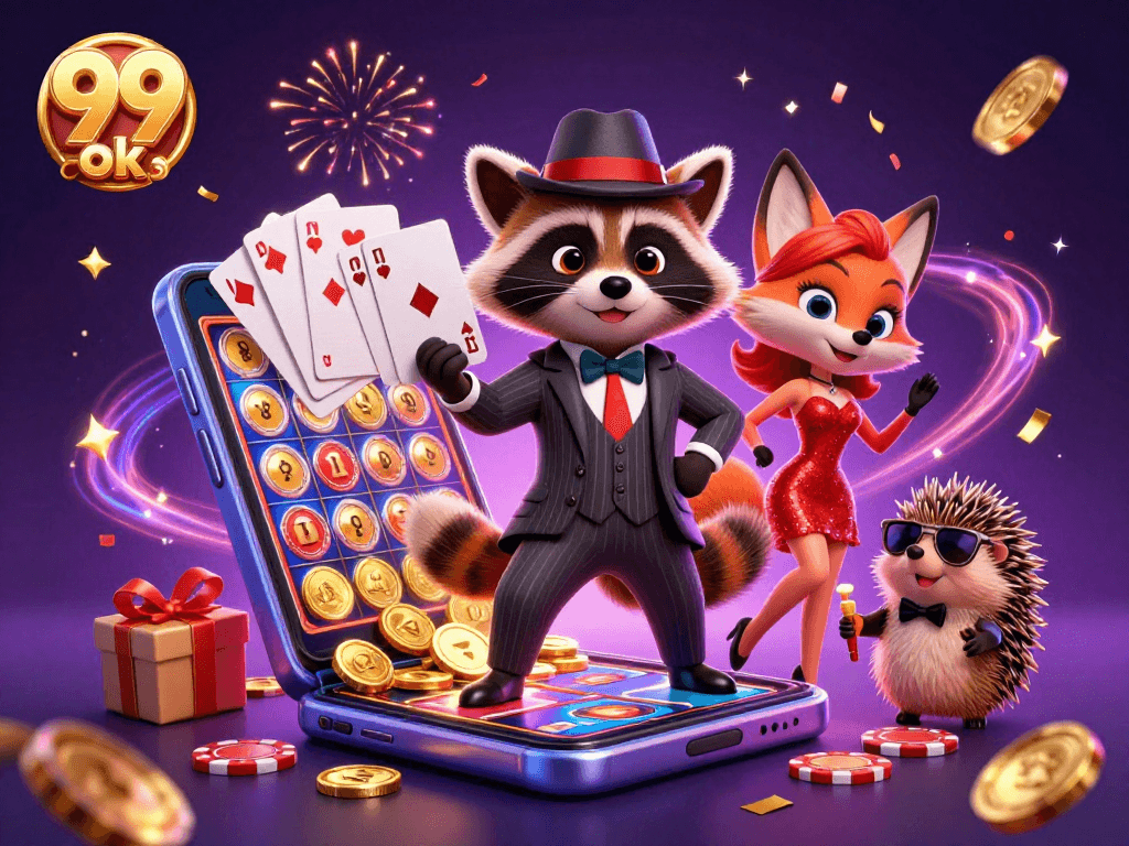 Experience thrilling games with 99 ok, featuring a suave raccoon and vibrant casino elements.