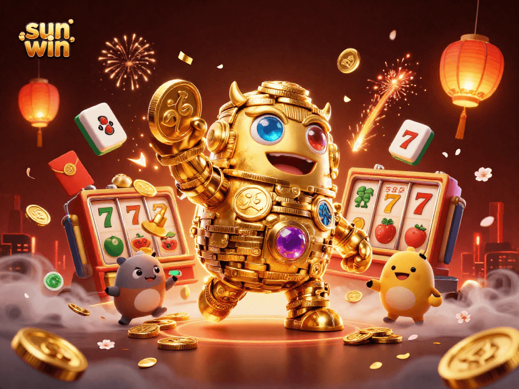Experience winning thrills with sun win's golden golem amidst vibrant casino elements!