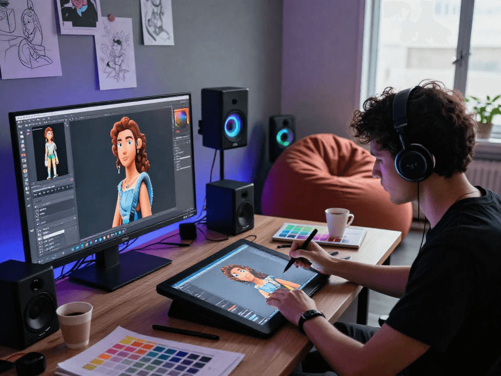 Artist designing NSFW AI visuals in a creative studio space, showcasing technology and artistry.
