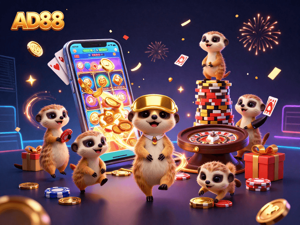 Engage in casino excitement with meerkats at AD88 rolling chips and celebrating wins amidst colorful games.
