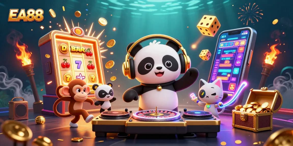 Engage with EA88's vibrant casino scene featuring a DJ panda, breakdancing monkey, and glow-stick kitten.
