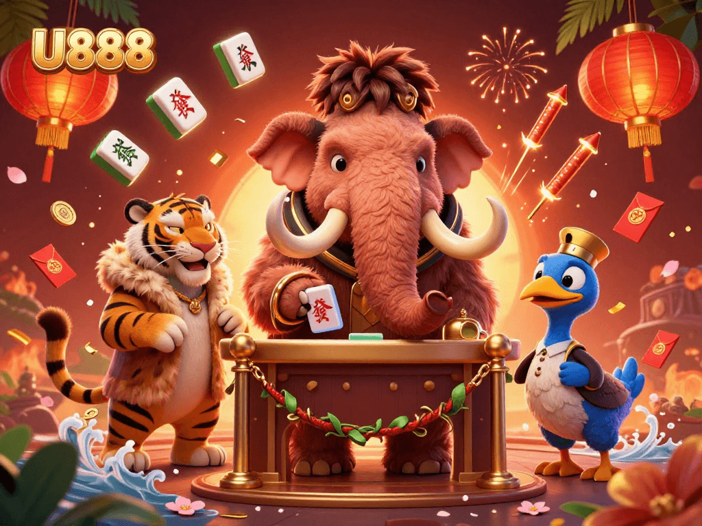 Experience the vibrant casino atmosphere with U888 featuring a mammoth bouncer and dodo doorman.