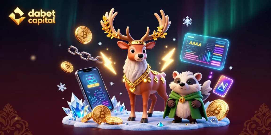 Engage with dabet capital in an immersive 3D casino scene featuring mystical creatures and cryptocurrency elements.