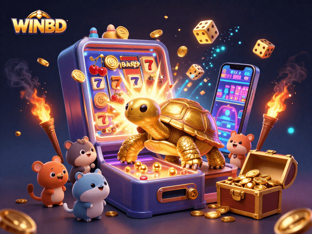 WINBD showcases a lively 3D illustration with a colossal golden tortoise amid vibrant casino gaming elements.