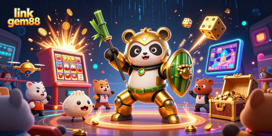 Experience the excitement of link gem88 with golden panda pilots and jackpot elements in a lively casino scene.