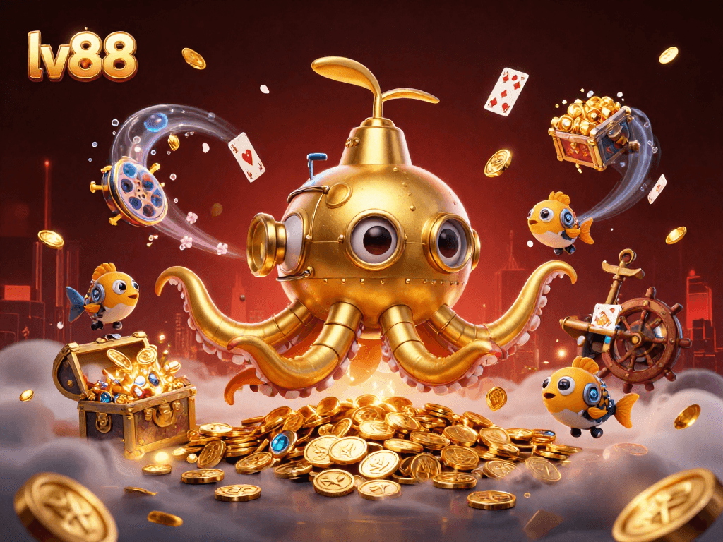 A 3D illustration showcasing the lv88 underwater casino theme with a golden kraken and treasure elements.