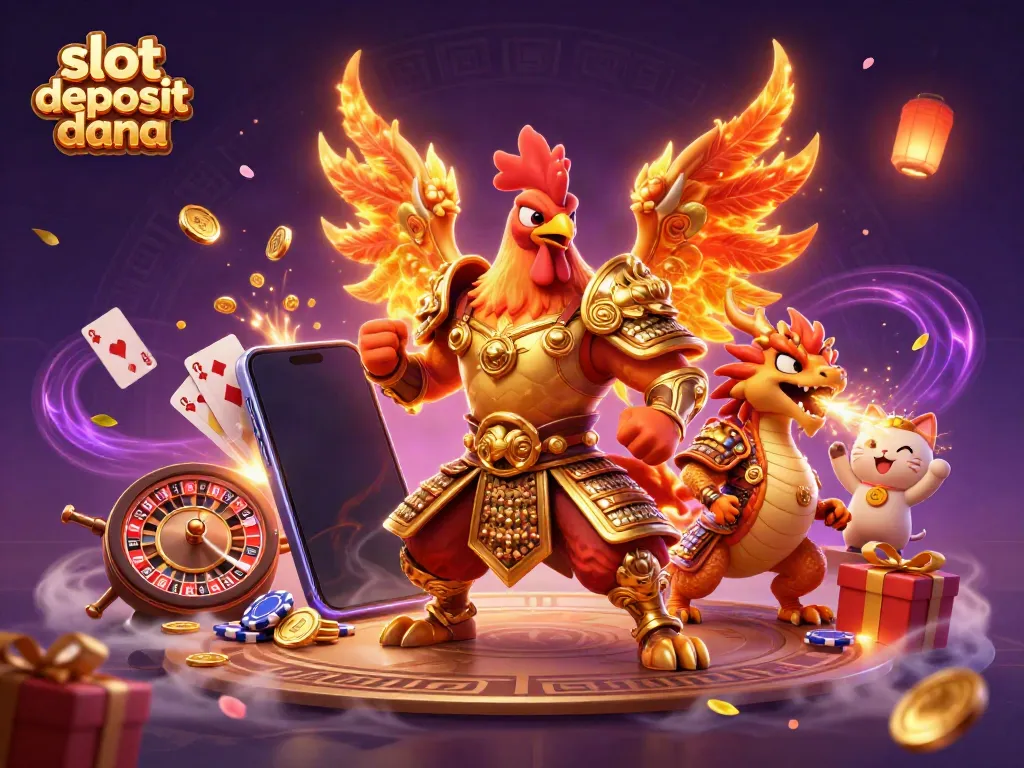Experience the excitement of gambling with slot deposit dana as colorful slot game elements surround a unique warrior scene.