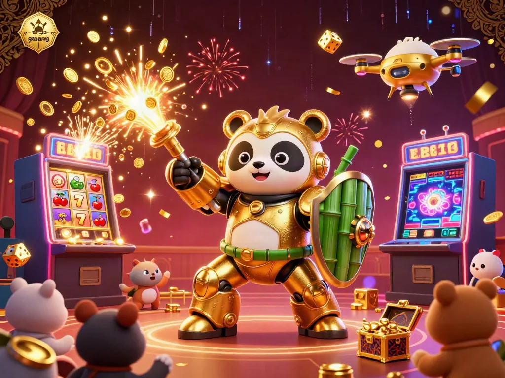 Experience the excitement of gambling with the golden panda in a dynamic casino scene featuring gavang and vibrant gaming elements.