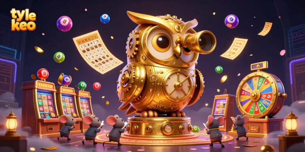 Engage with ty le keo as a golden owl oversees casino action filled with lively graphics.