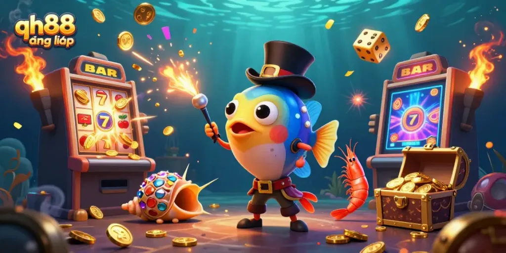 Spin to win at qh88 đăng nhập with an underwater casino scene featuring a lively anglerfish and treasure elements.