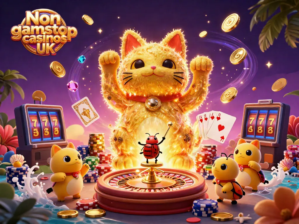 Experience the vibrant world of Non gamstop casinos UK through this animated lucky cat scene.