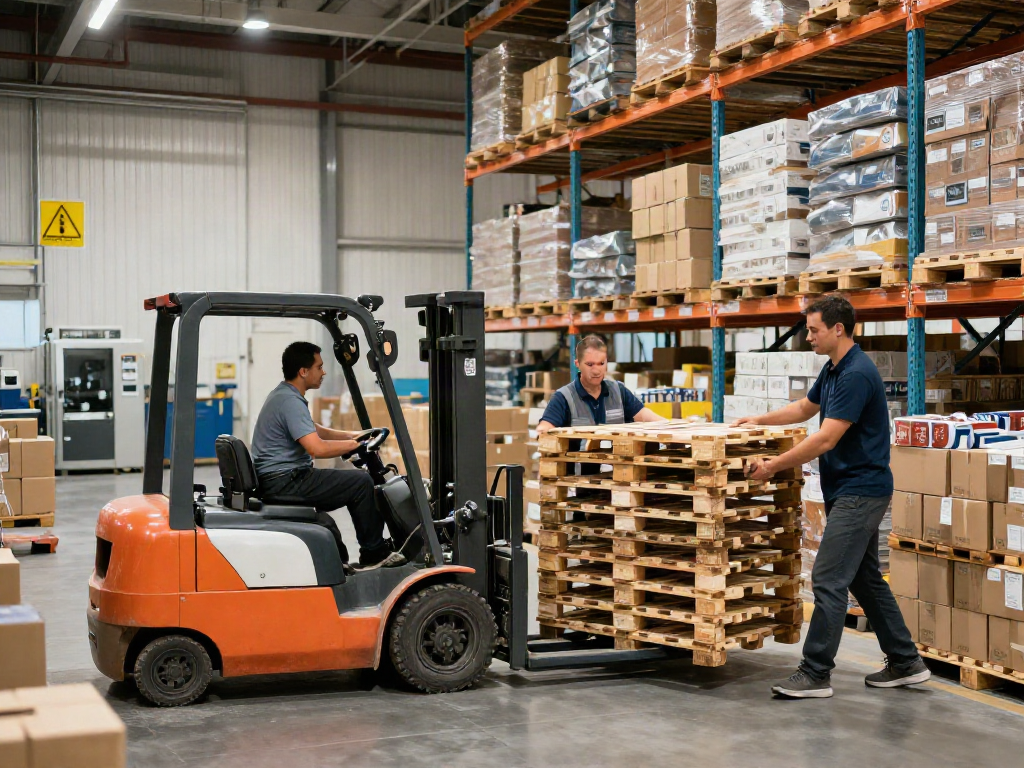 Pallets movers efficiently handling warehouse logistics, showcasing teamwork and safety.
