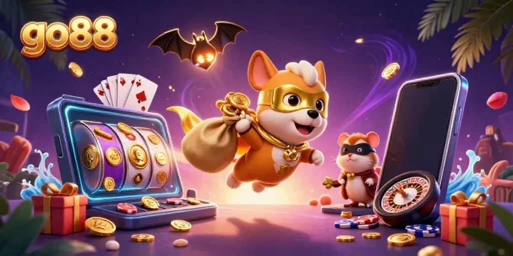 Engaging go88 experience with superhero dog and sidekick amidst casino elements.