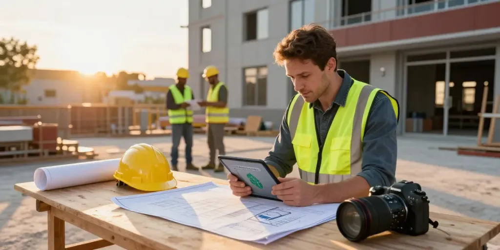Quantity surveyor reviewing retrofit estimating services on-site with blueprints.