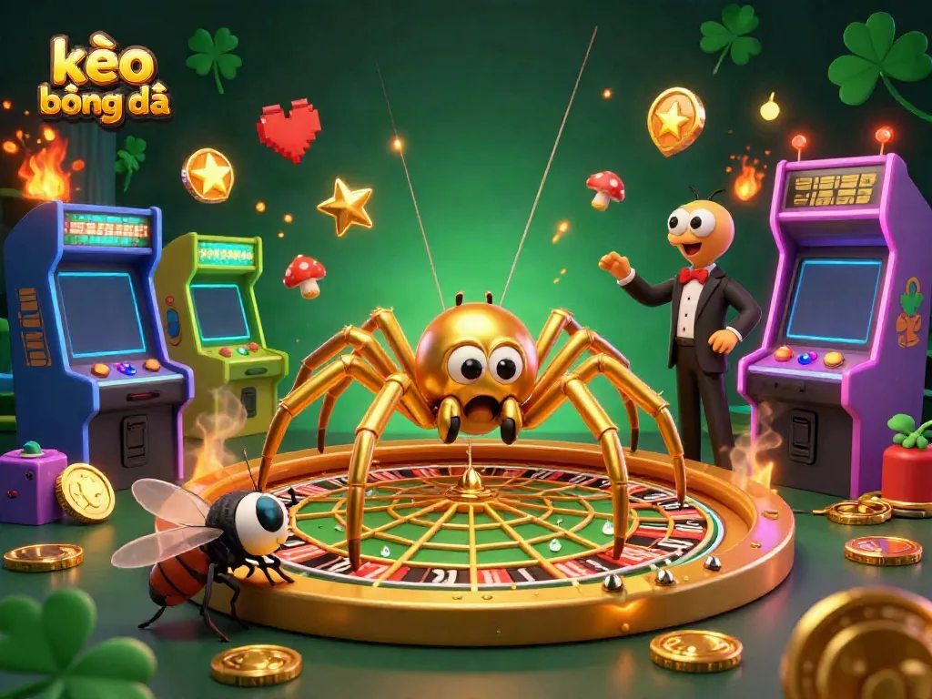 Engage in thrilling gameplay with kèo bóng đá in this vibrant 3D illustration, depicting a golden spider as a croupier amidst dynamic casino elements.
