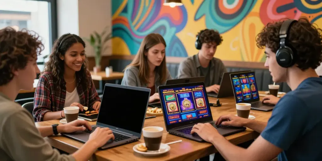 Group of friends enjoying DA88 online gaming in a vibrant café.