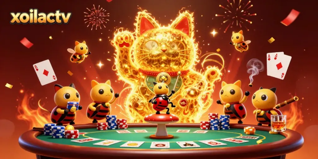 Xoilactv showcases a vibrant golden lucky cat formed by fireflies, surrounded by dynamic casino elements.