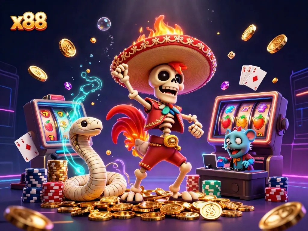Engage in high-energy gaming with x88, featuring dynamic characters amid cascading golden coins and slot machines.