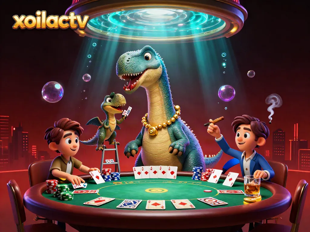 Engage with xoilactv's vibrant gambling scene featuring a playful dinosaur and raptor at a dynamic poker table.