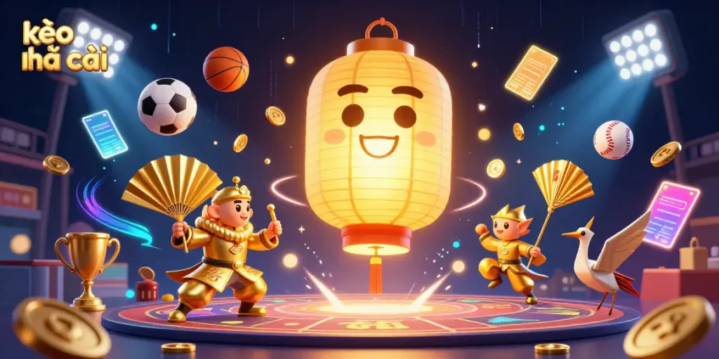 Engage in exciting betting opportunities with kèo nhà cái, illustrated through vibrant 3D characters and sports elements.