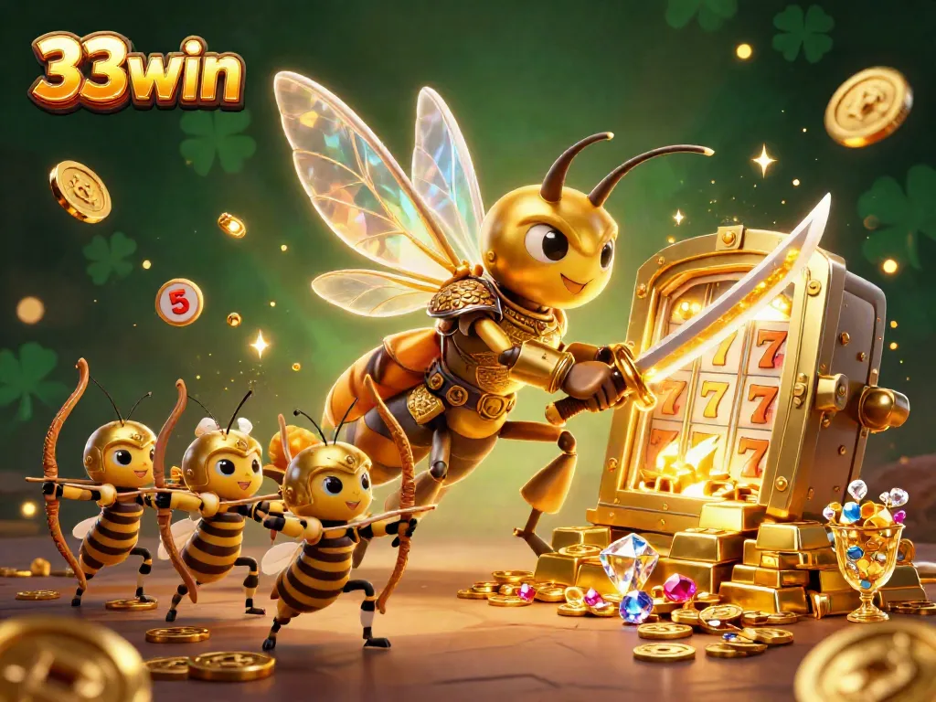 Experience thrilling gameplay with the vibrant 33win casino illustration showcasing slot reels and golden treasures.
