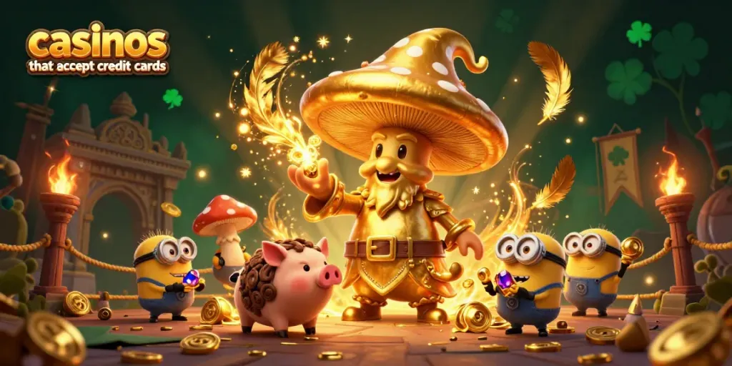 Experience the excitement of casinos that accept credit cards with magical golden themes and vibrant game elements.