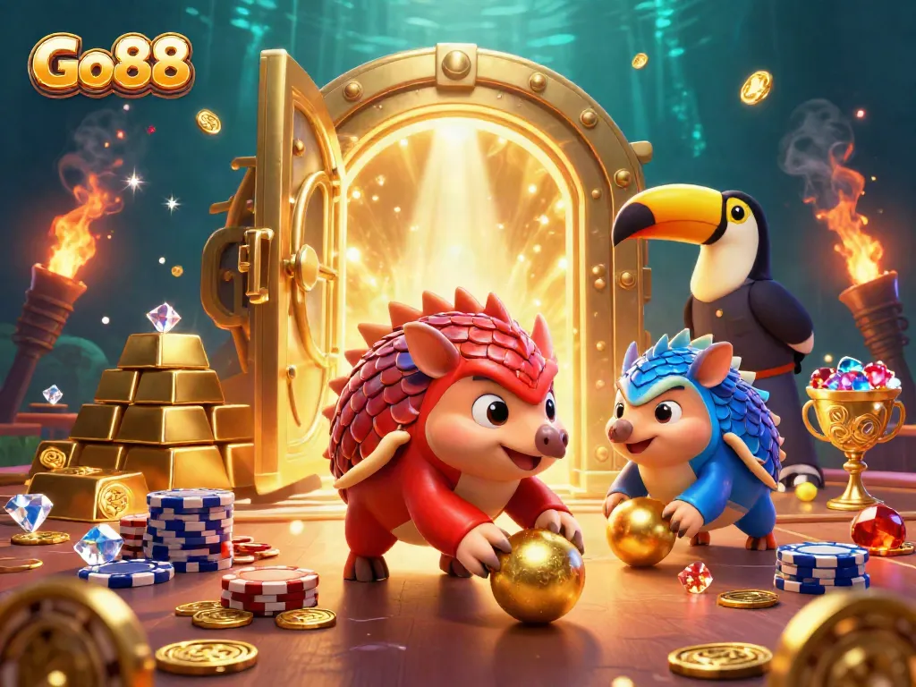 Experience thrilling moments at Go88 while rival pangolins roll golden balls through poker chips.