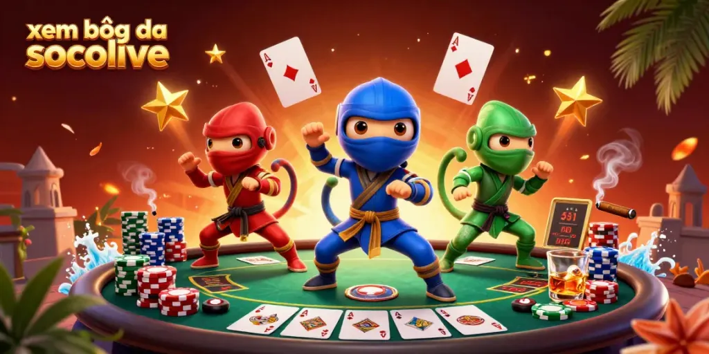 Experience xem bóng đá socolive with an engaging scene of cartoon chameleons playing poker and performing martial arts.