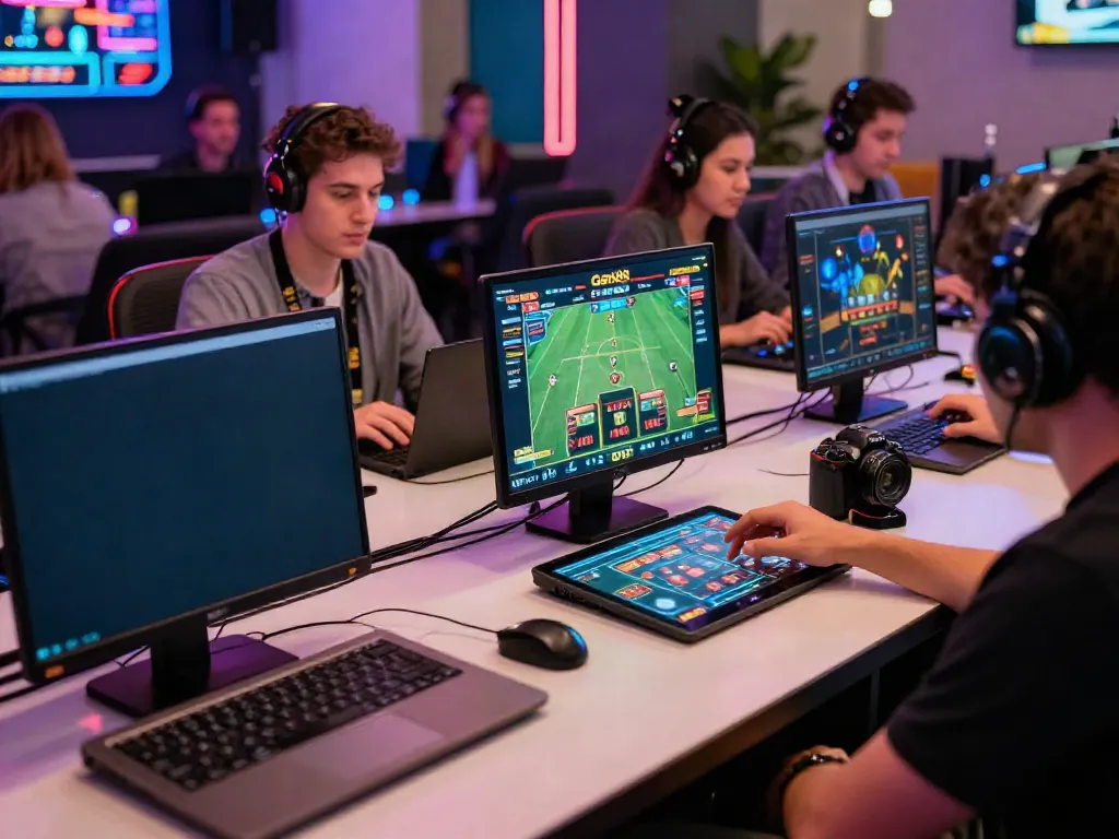 Players engaging with multiple devices at https://gem88.jpn.com/ in a lively gaming lounge.