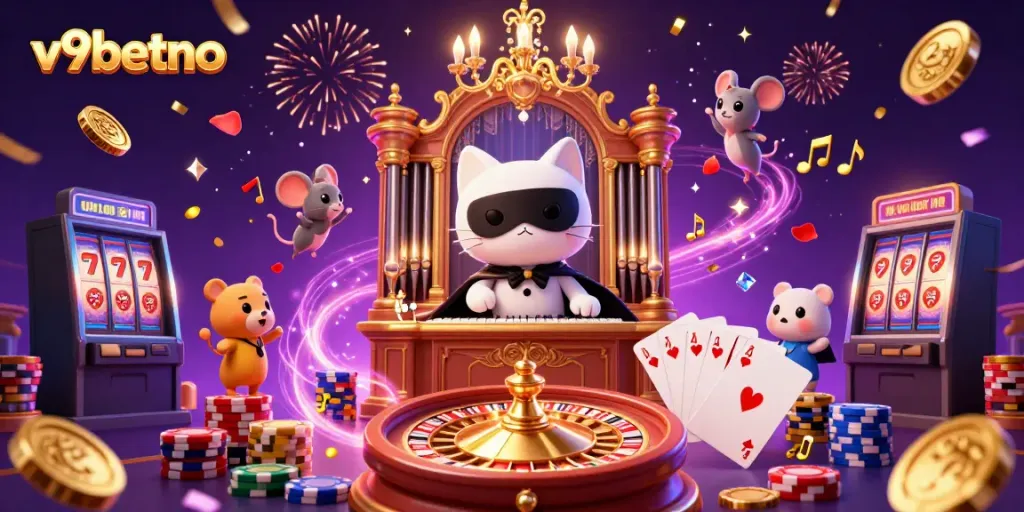 Engage with the vibrant world of v9betno, showcasing a whimsical cat character amid casino elements.