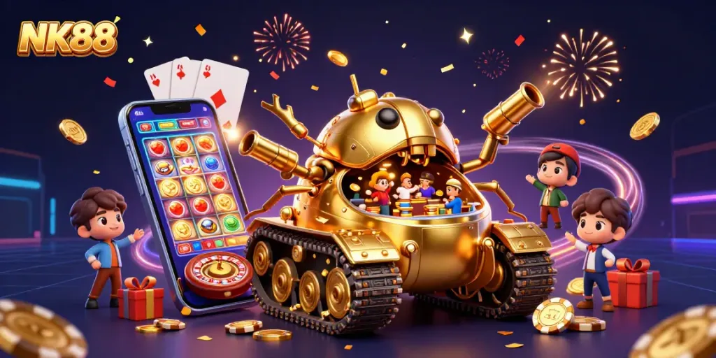 Engage with NK88's thrilling casino atmosphere featuring dynamic games and festive elements.