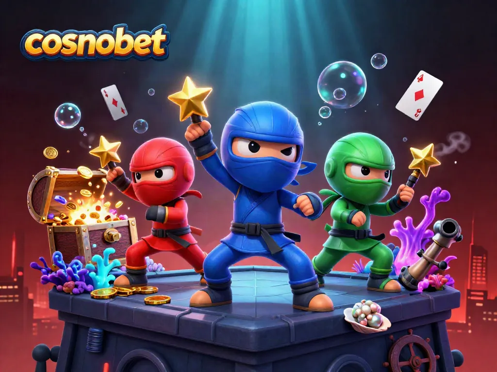 Experience the action at Cosmobet with chameleon ninjas in a vibrant casino scene.