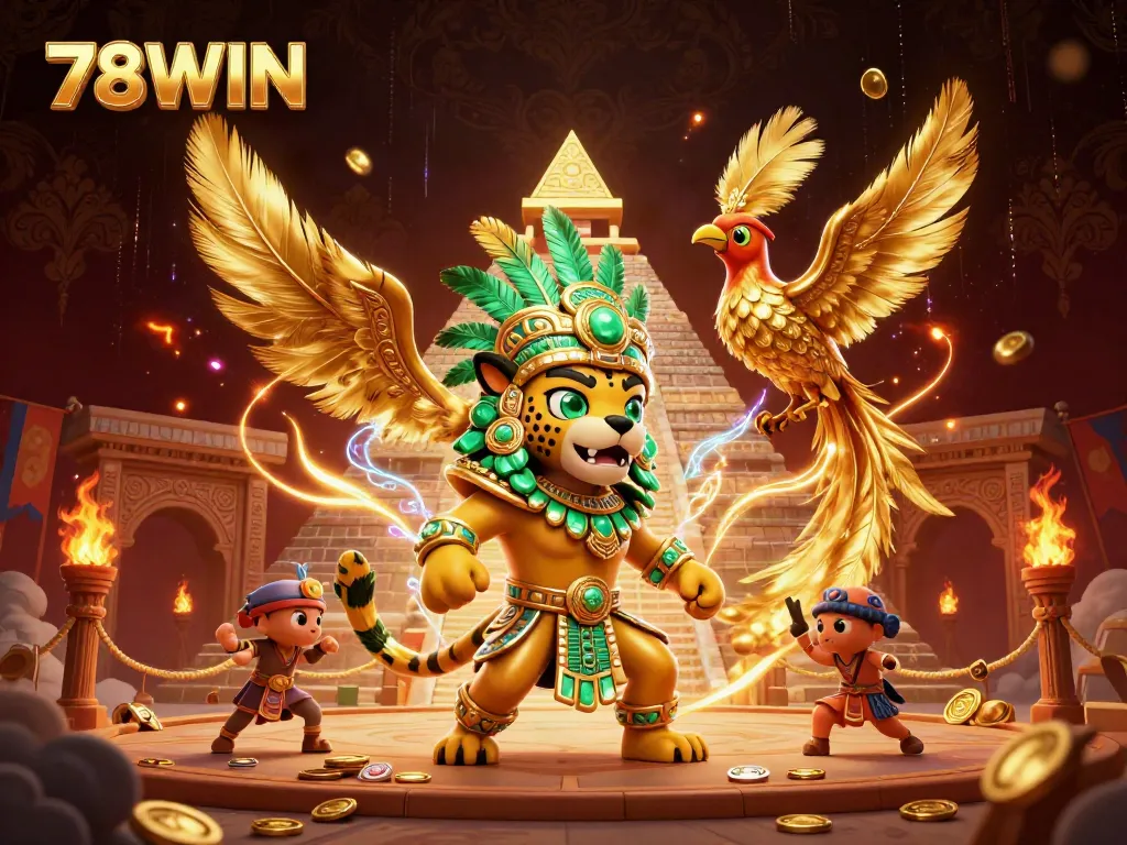 Experience the thrill of 78WIN with glowing jaguar priest and golden quetzal bird amid a dynamic casino scene.