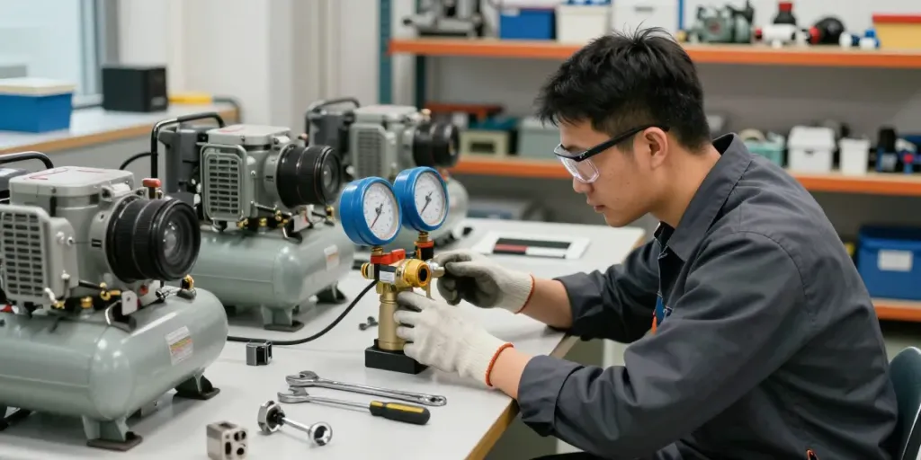 Technician examining an air compressor pressure switch in an industrial workshop.