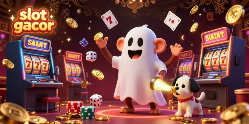 Pengalaman slot gacor yang menyenangkan dengan karakter monyet poltergeist dan anjing penangkap hantu di kasino.