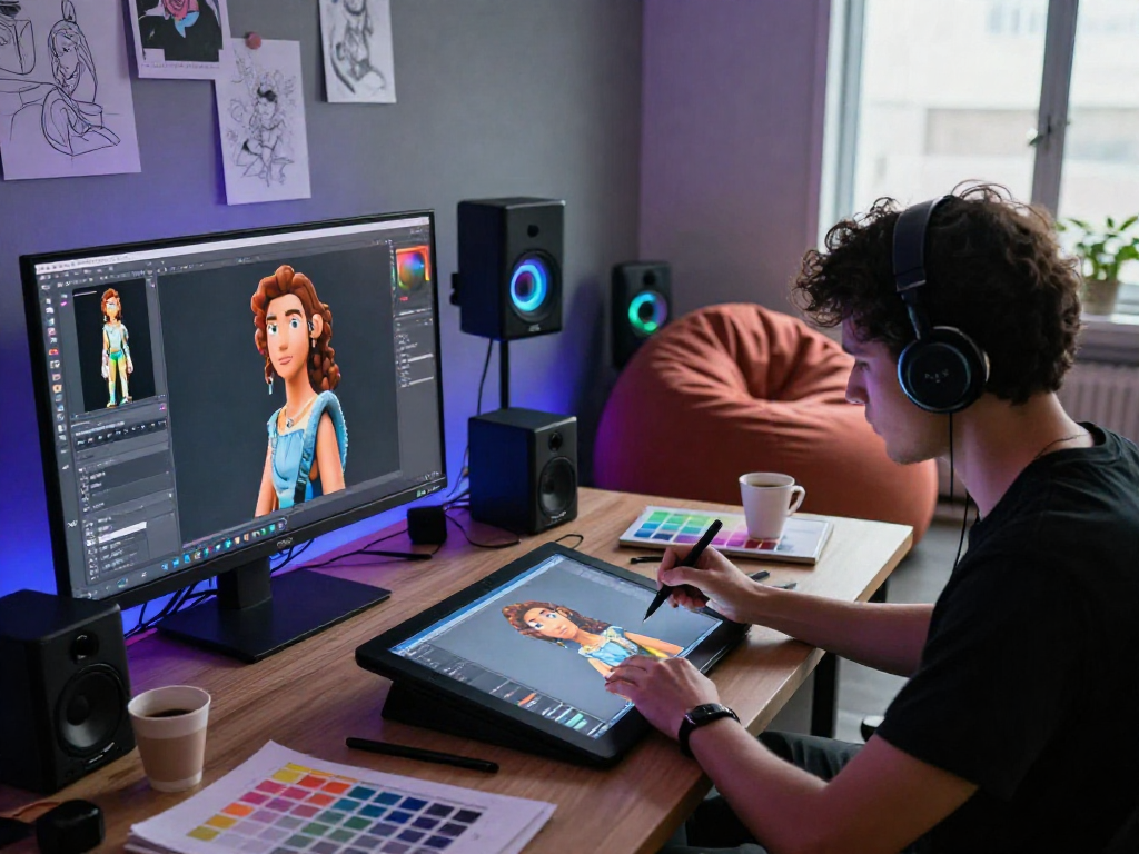 Artist designing NSFW AI visuals in a creative studio space, showcasing technology and artistry.