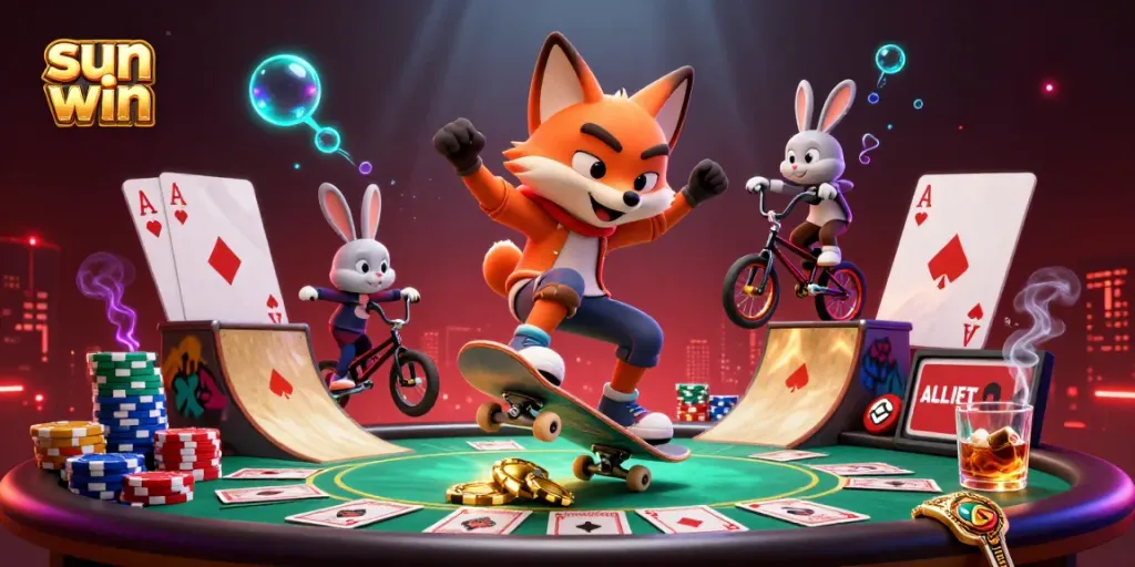 A 3D cartoon illustration of sun win featuring a fox skateboarding over golden poker chips, highlighting casino elements.
