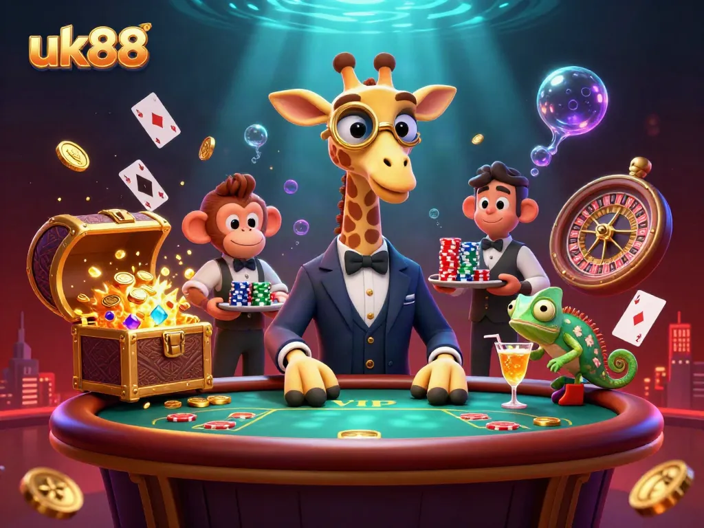Experience thrills with uk88's vibrant 3D casino illustration showcasing poker and dynamic game elements.