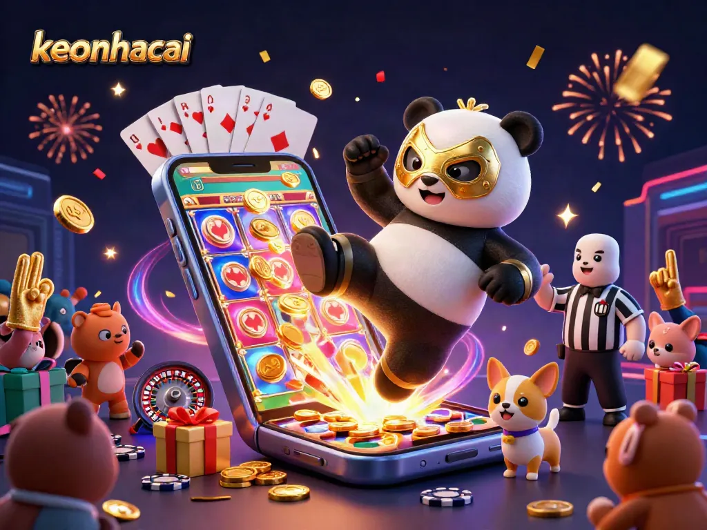 Engage in exciting gameplay with keonhacai featuring a dynamic 3D panda wrestler and vibrant casino elements.