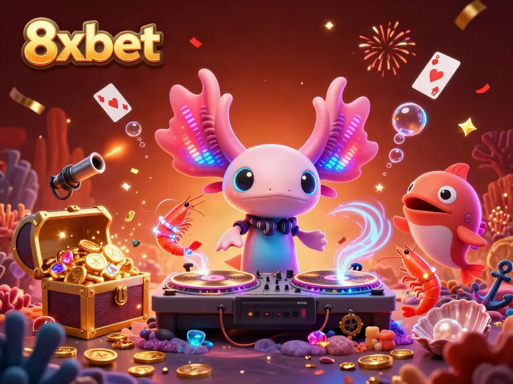 Engage with vibrant underwater action at 8xbet, featuring a DJ axolotl and playful sea creatures.