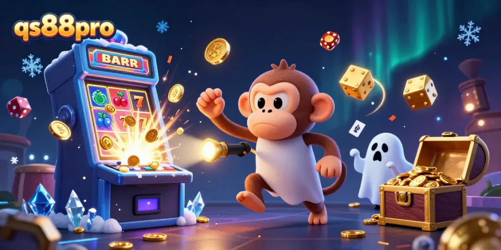 qs88pro showcases a mischievous monkey juggling casino items in a vibrant haunted atmosphere.