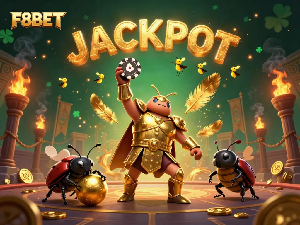 Experience the excitement of F8BET with a herculean beetle lifting a poker chip in a dynamic casino scene.