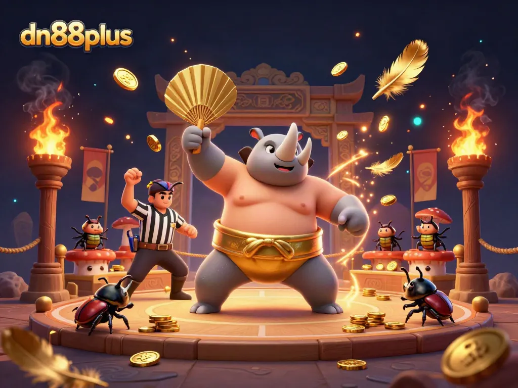 Experience the fun of dn88plus as a rhino beetle sumo champion dominates the casino arena.