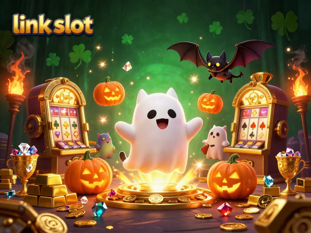 Spin to win big with exciting link slot gameplay and ghostly companions in a vibrant casino.