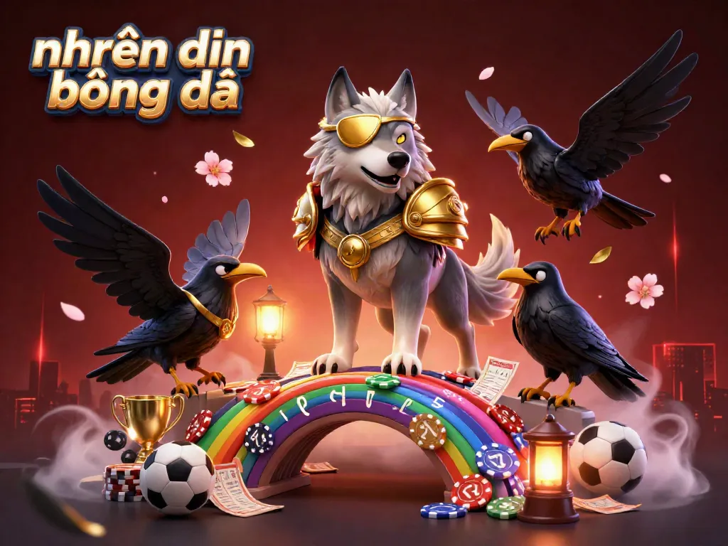 Betting scene showcasing nhận định bóng đá with a Norse wolf and ravens near a casino chip bridge.