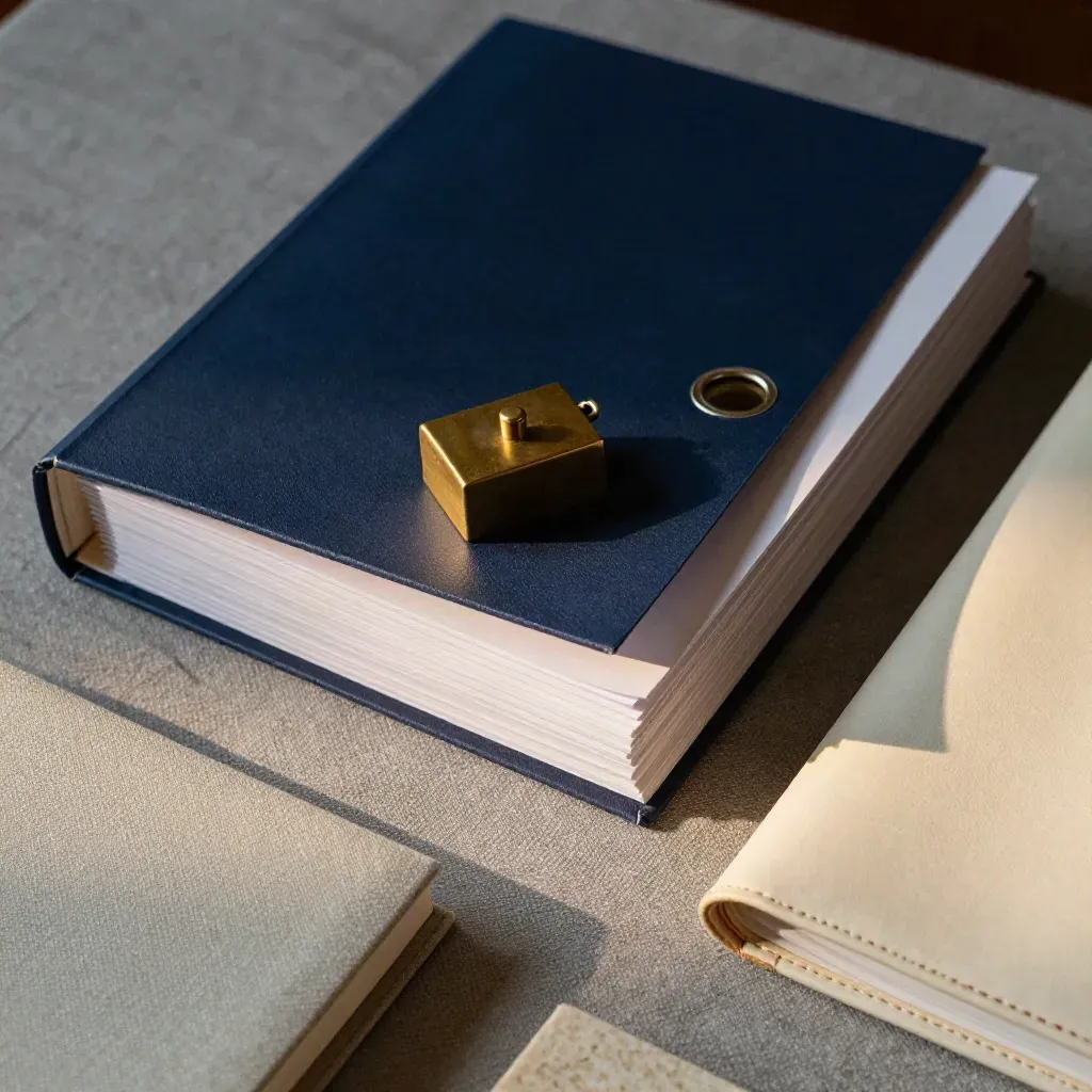 Legal file folders, brass paperweight and closed notebook on pale stone.