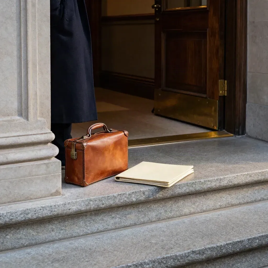 Courthouse corridor with leather case, document wallet and morning light on stone steps
